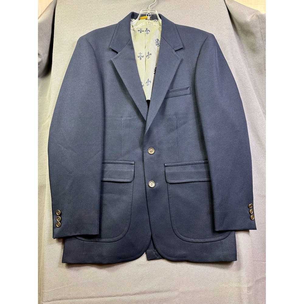 Vintage JCPenney Comfort Blazer Navy Blue Gold Crest Button 38R Men Fleur de lis